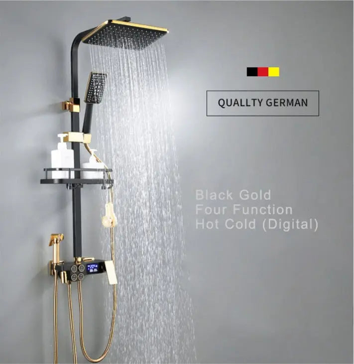 Hot and Cold Digital Shower Set Faucet Bathroom Shower System Black Gold Shower Faucet Square Shower Head  Bath Shower System  