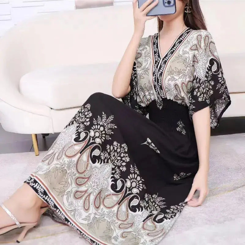 Casual Elegant Retro Bohemian National Style V-neck Elastic  Waist Large Swing Printed Summer Long Skirt Woman Dress Clothes  