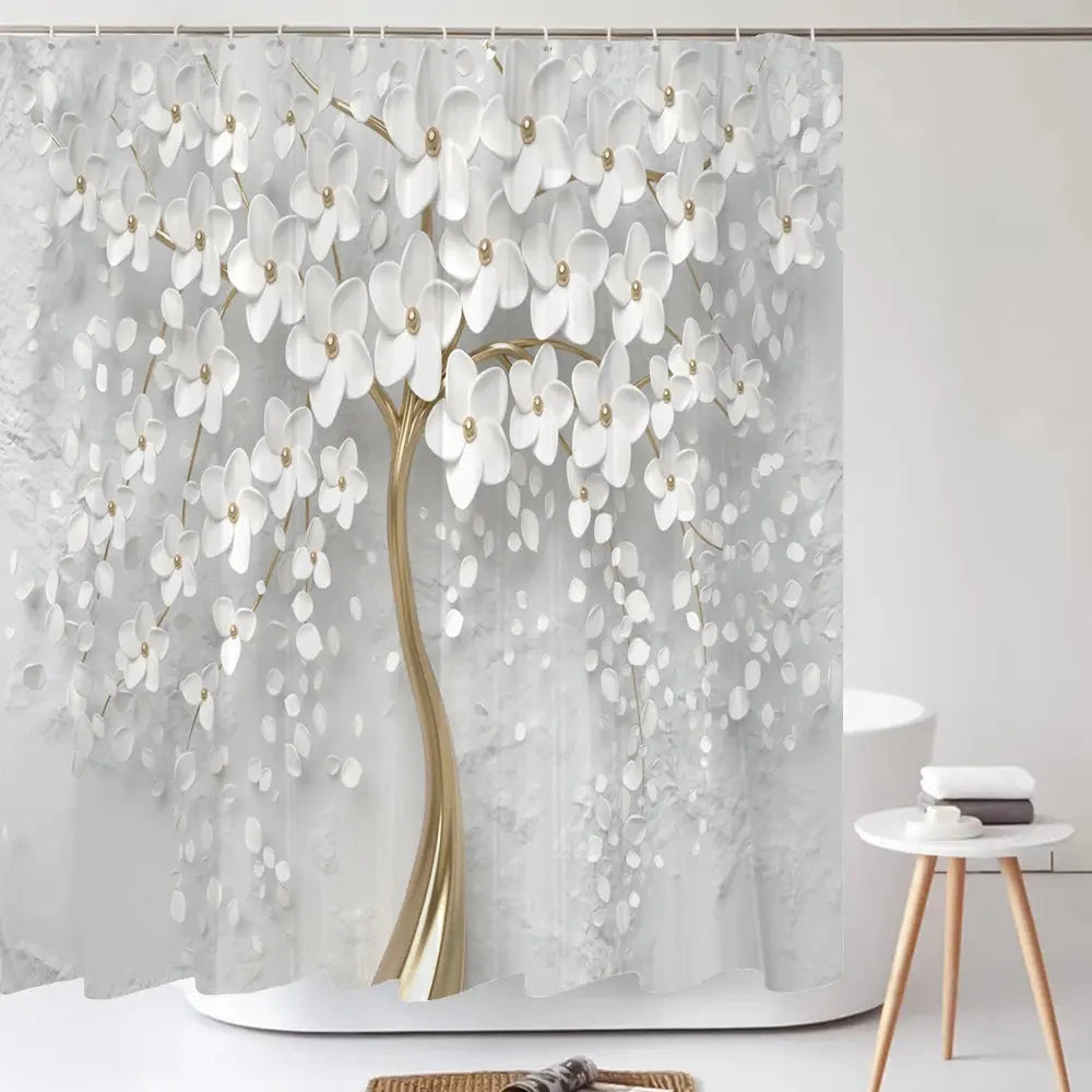 Elegant Bouquet of Fantastic White Flowers 3D Style Shower Curtain Bathroom Curtain with Bath Rug Carpet Set Floral Home Decor  