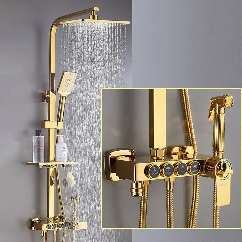 Hot and Cold Digital Shower Set Faucet Bathroom Shower System Black Gold Shower Faucet Square Shower Head  Bath Shower System  