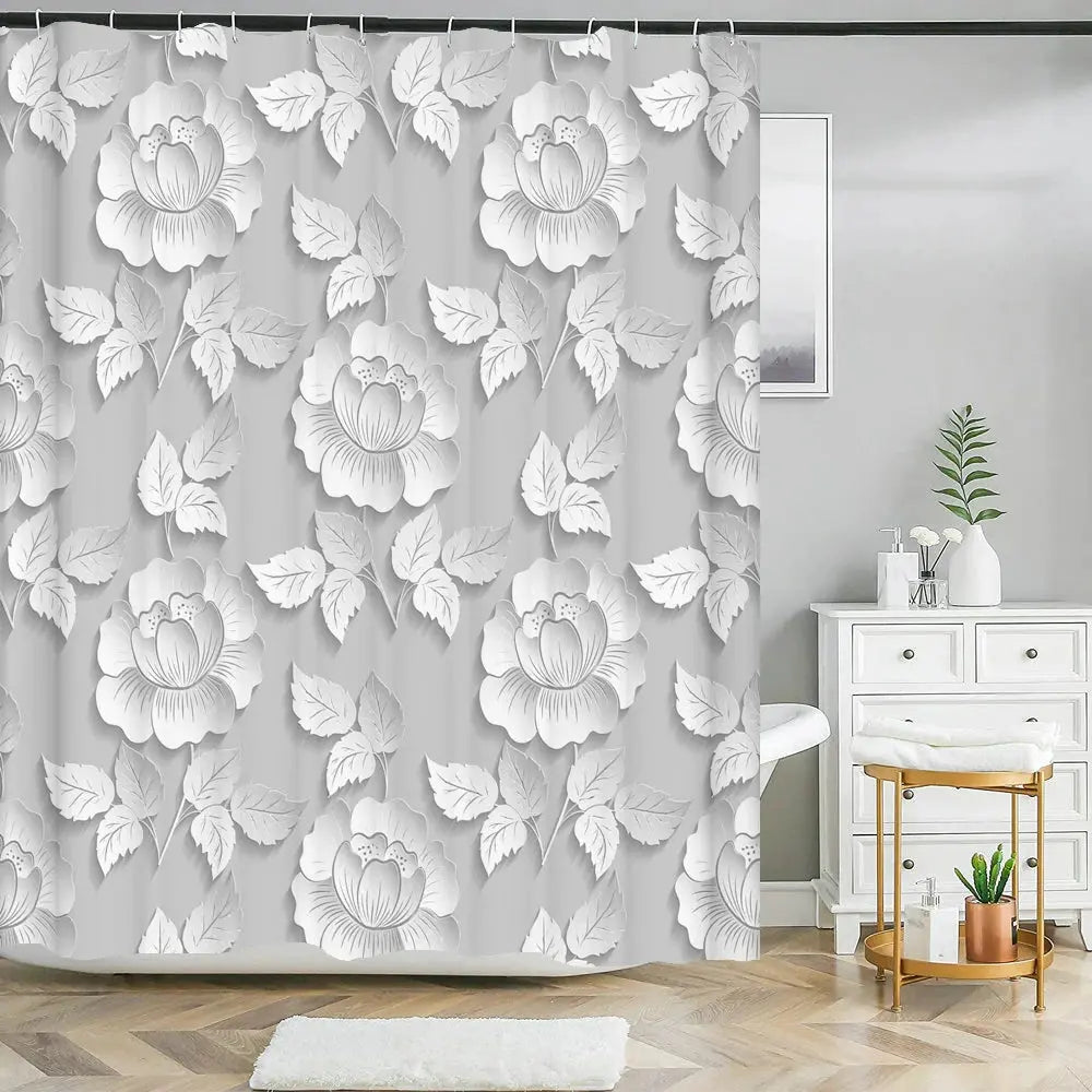 Elegant Bouquet of Fantastic White Flowers 3D Style Shower Curtain Bathroom Curtain with Bath Rug Carpet Set Floral Home Decor  