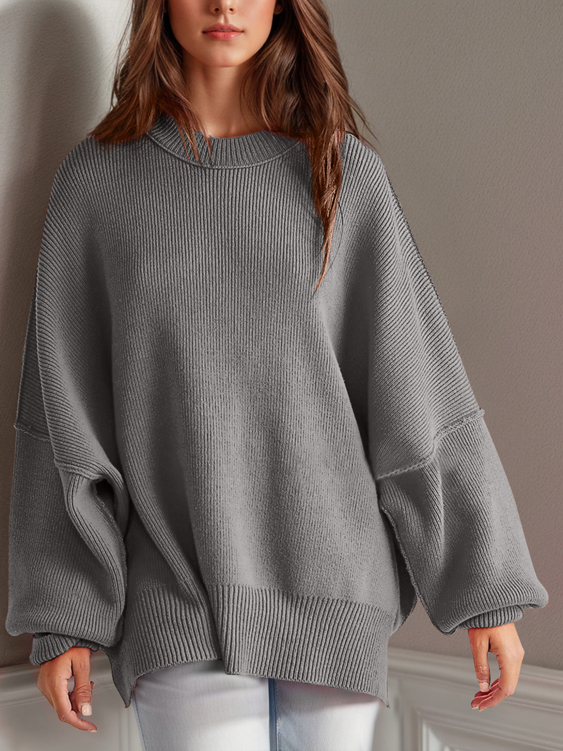 Double Take Side Slit Round Neck Long Sleeve Sweater  