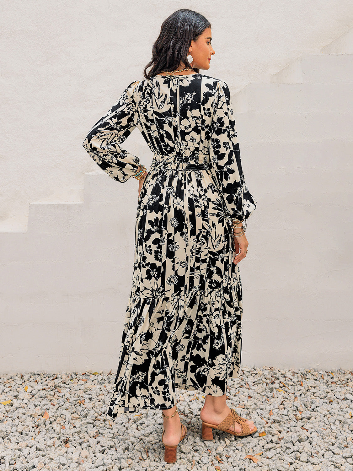 Smocked Printed Tie Neck Long Sleeve Dress  