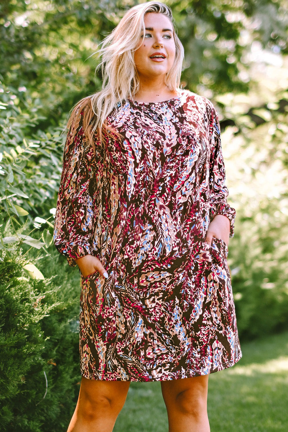 Plus Size Printed Round Neck Long Sleeve Mini Dress  