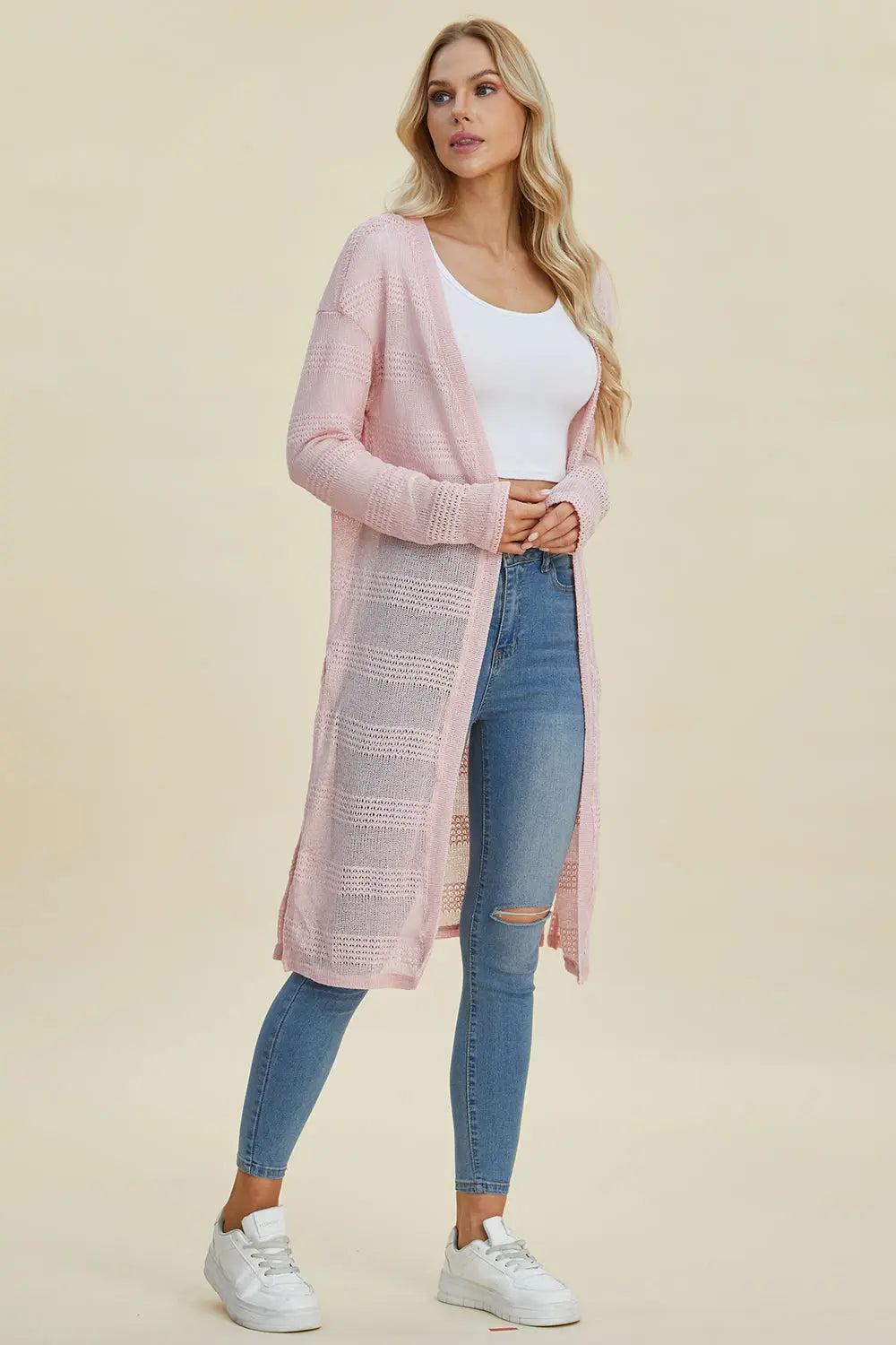 Double Take Full Size Open Front Longline Cardigan  