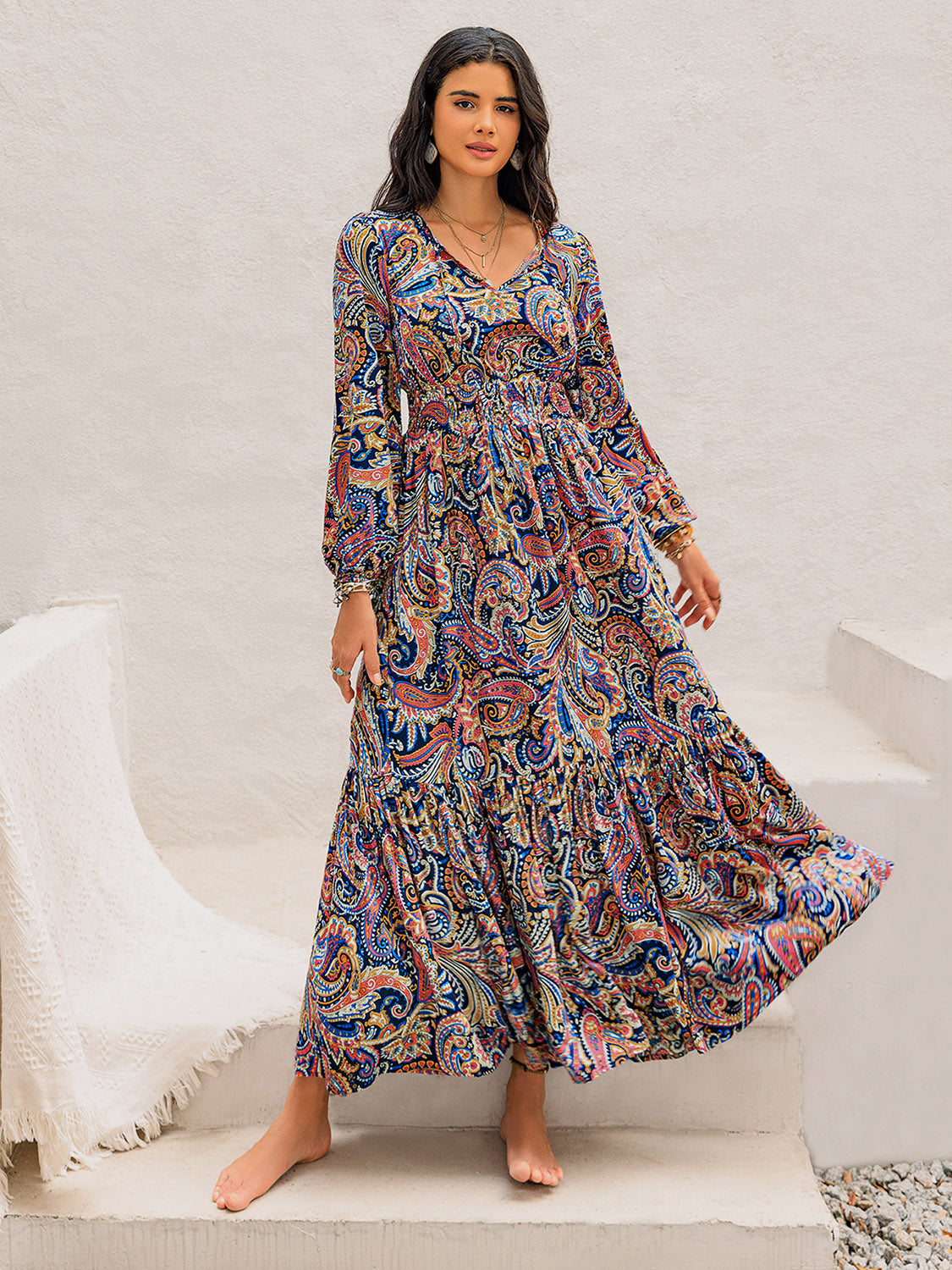 Printed Tie Neck Long Sleeve Midi Dress  