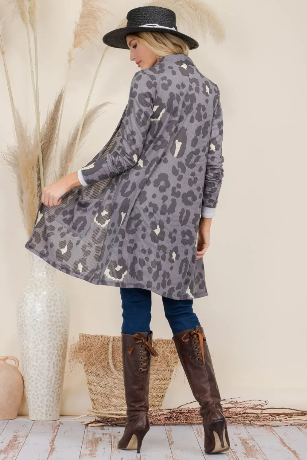 Celeste Full Size Leopard Open Front Contrast Cardigan  