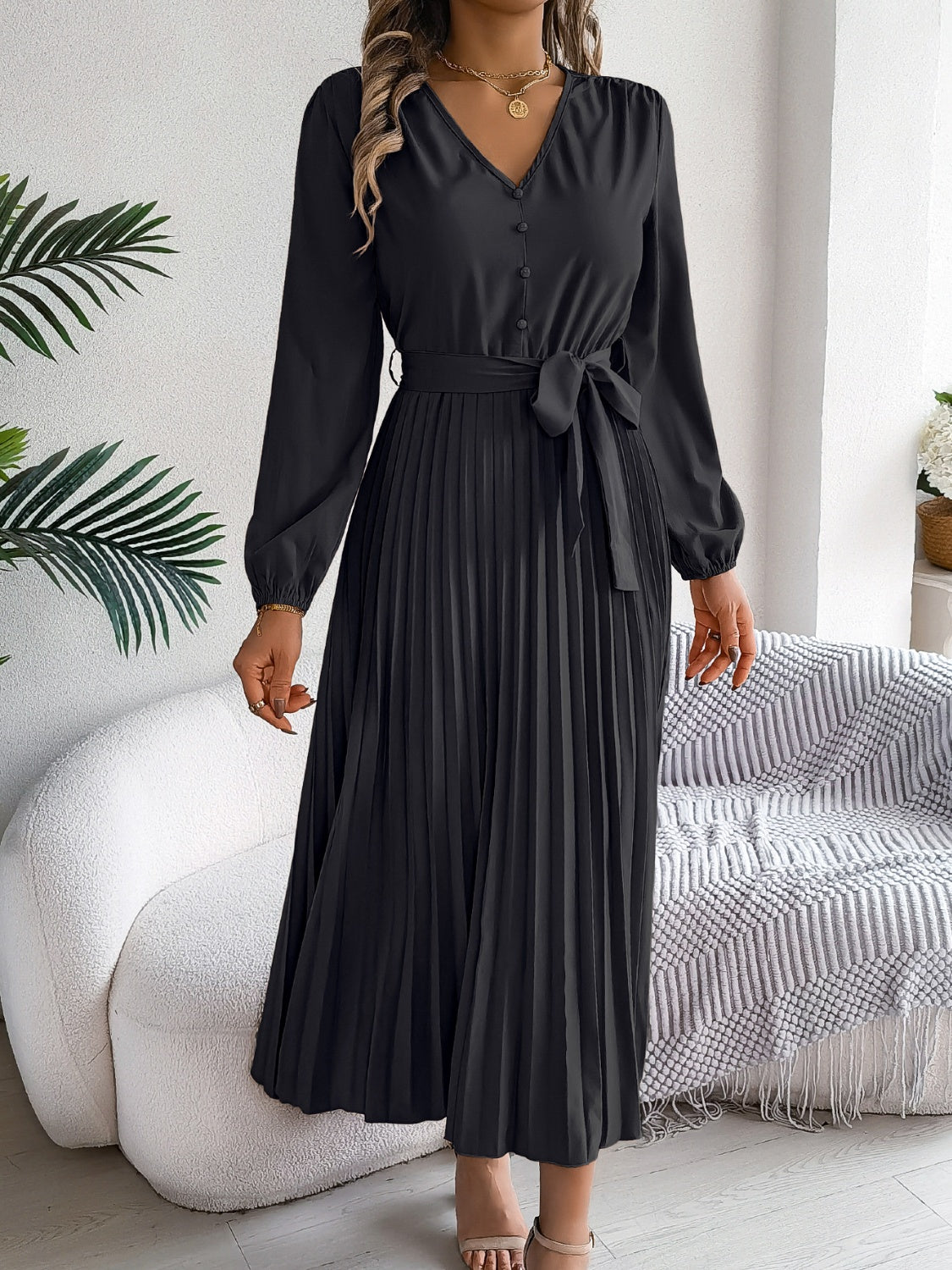 Pleated Tied V-Neck Long Sleeve Dress  