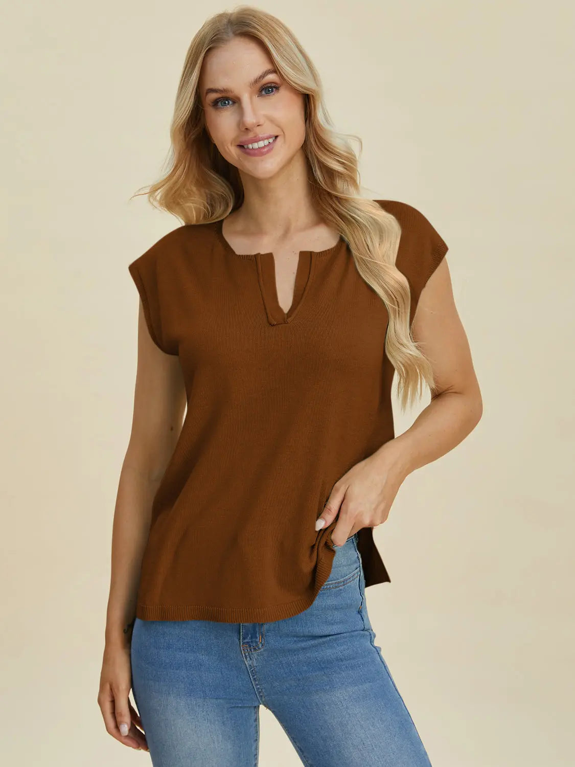 Double Take Full Size Notched Cap Sleeve Knit Top  