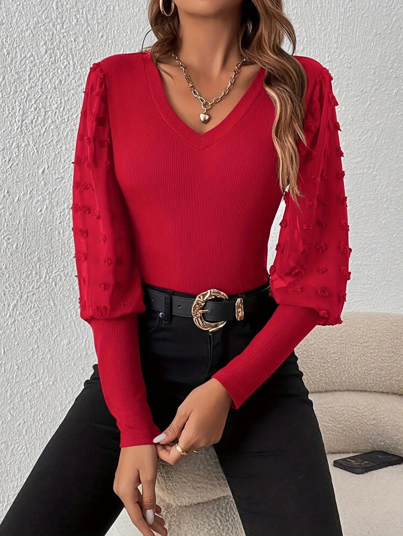 Elegant Rib V-neck Sleeve Chiffon Stitching Long Sleeve T-shirt Slimming Top  