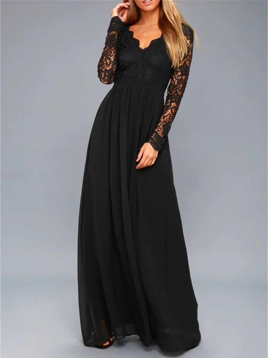 Lace Detail Backless Long Sleeve Maxi Dress  