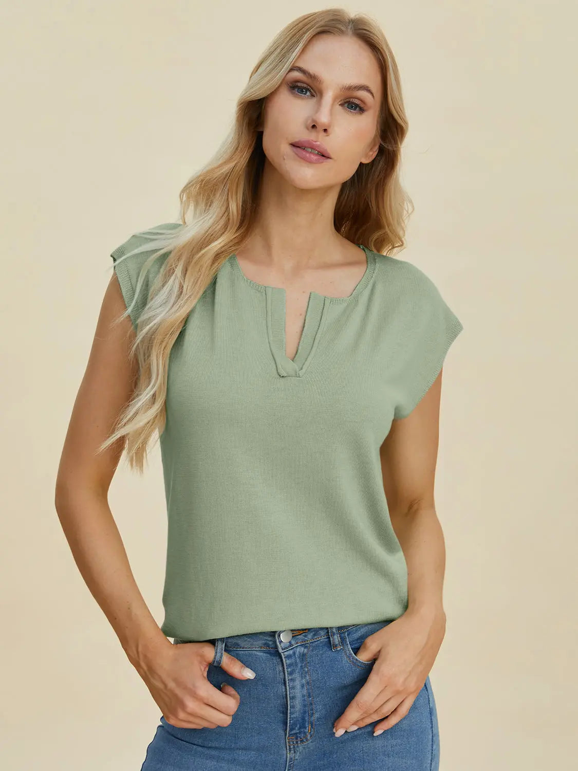 Double Take Full Size Notched Cap Sleeve Knit Top  