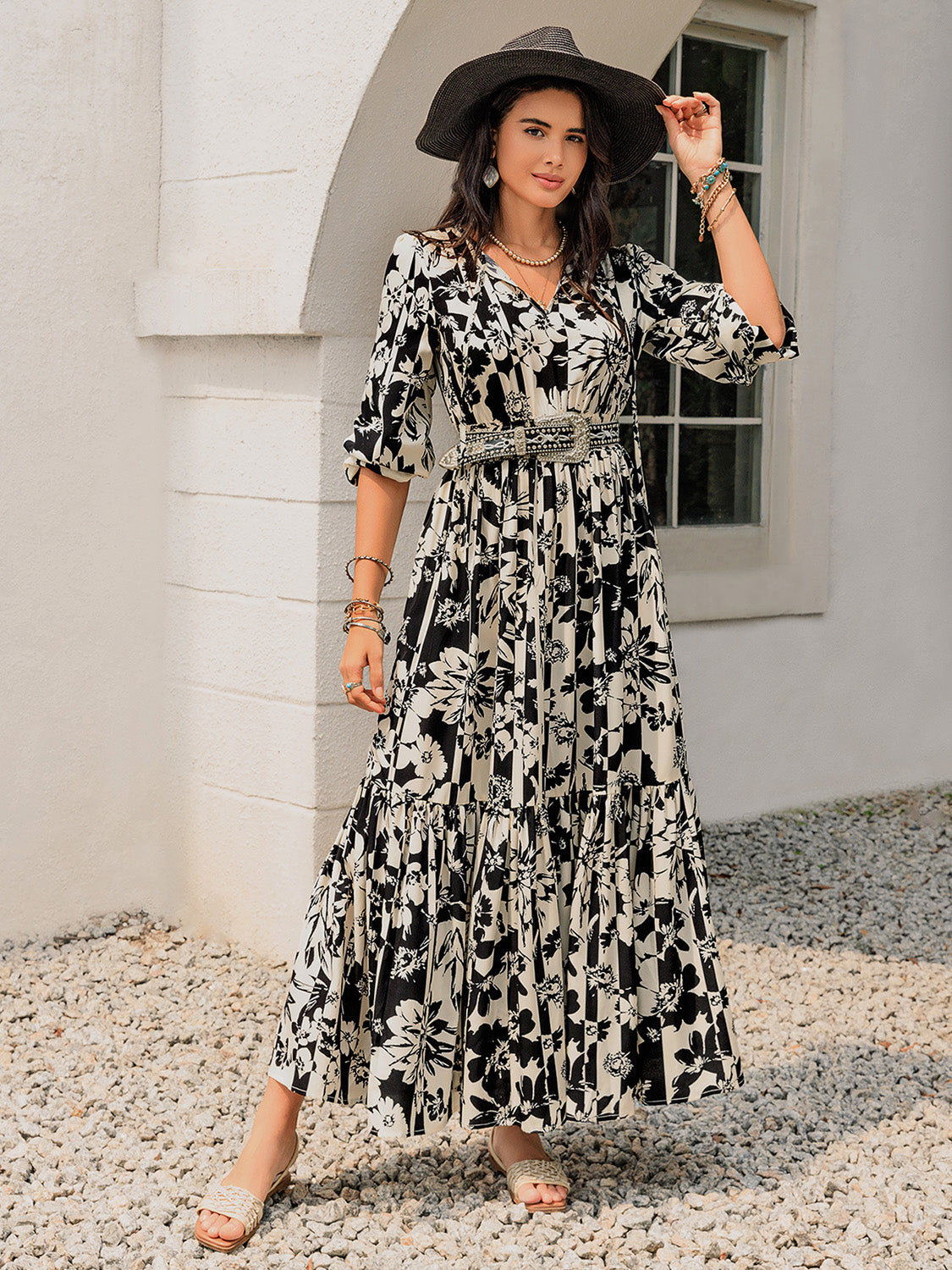 Smocked Printed Tie Neck Long Sleeve Dress  