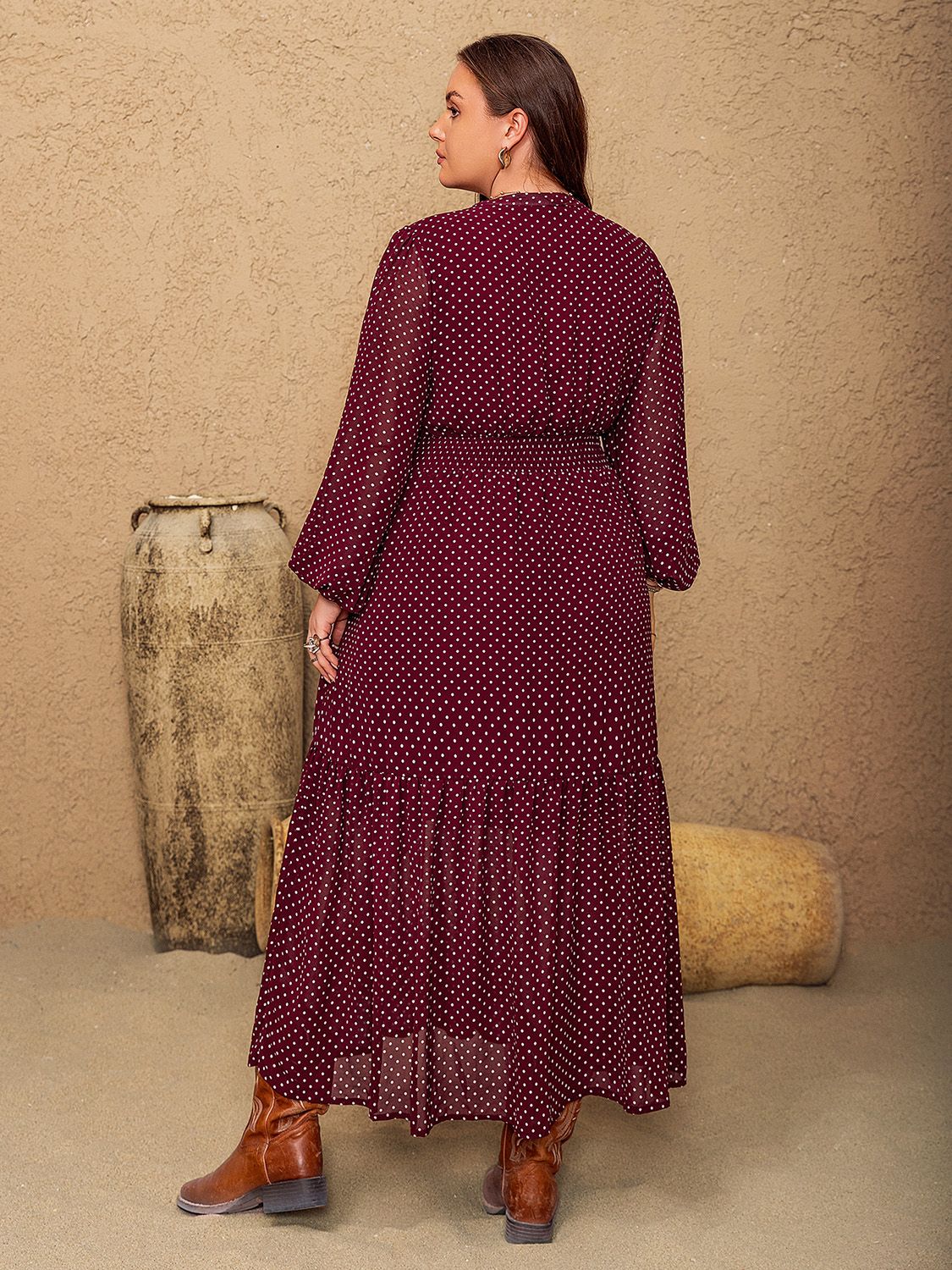 Plus Size Embroidered Polka Dot Tie Neck Long Sleeve Midi Dress  