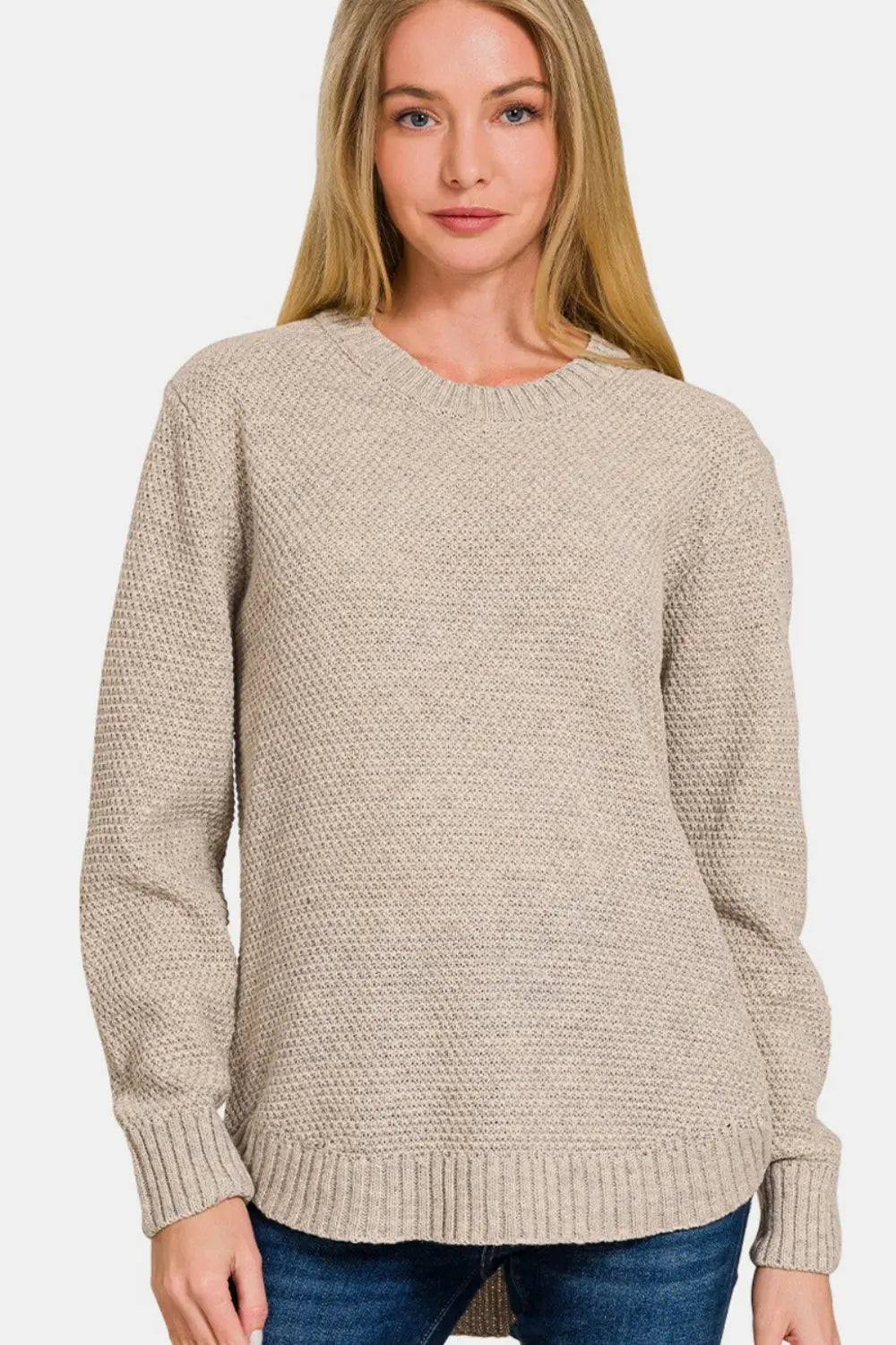 Zenana Ful Size Round Neck Long Sleeve Curved Hem Sweater  