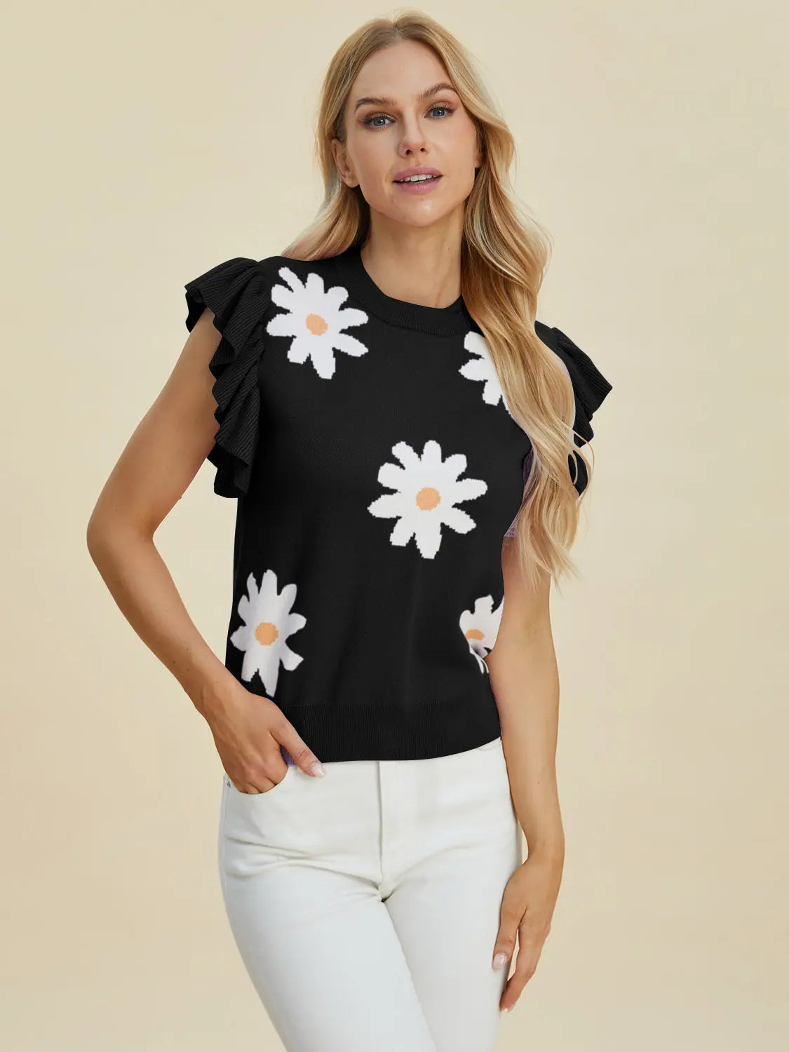 Double Take Full Size Ruffled Flower Round Neck Cap Sleeve Sweater  