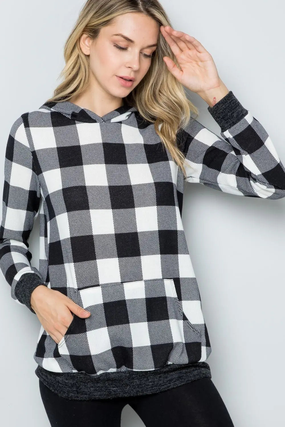 Celeste Full Size Contrast Plaid Long Sleeve Hoodie  