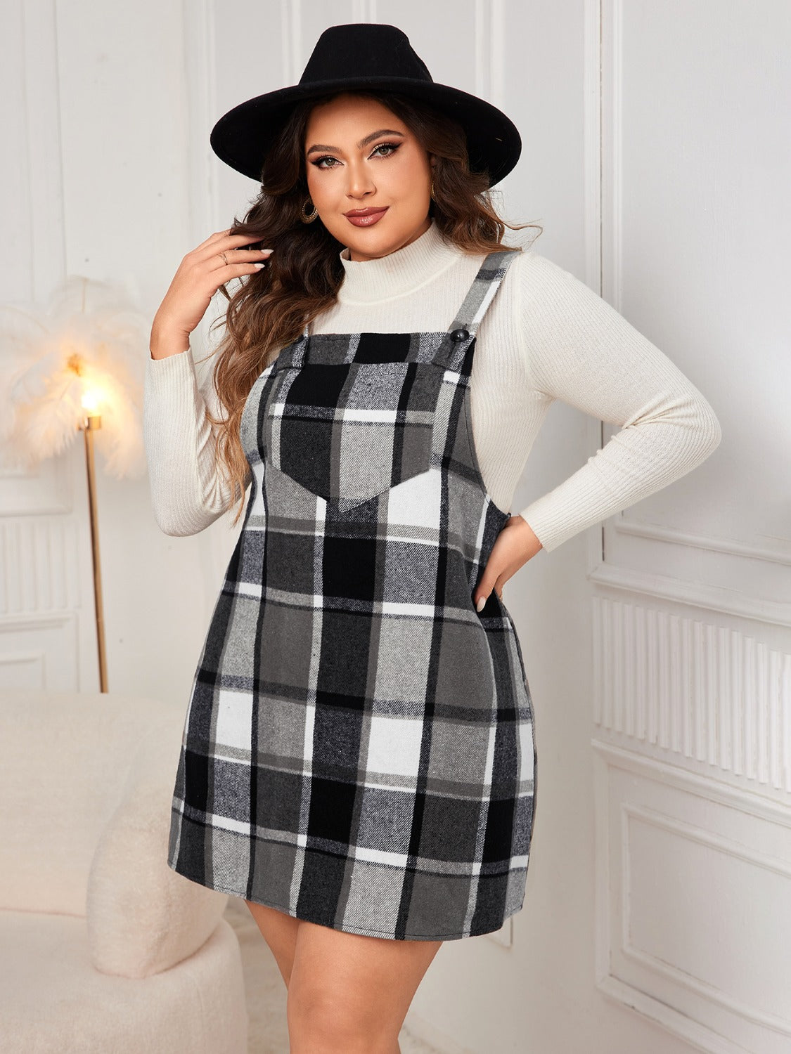 Honey Plus Size Plaid Wide Strap Overall Dress  