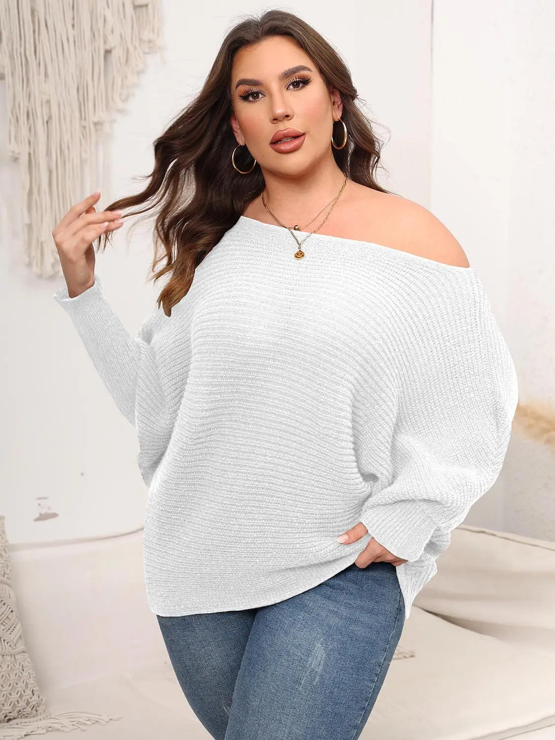 Full Size Boat Neck Batwing Sleeve Sweater  