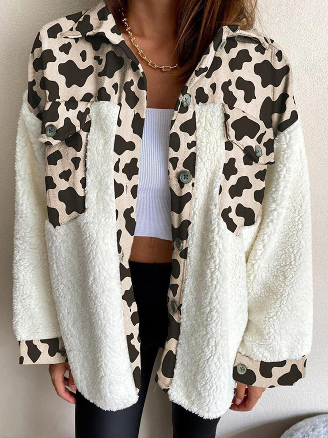 Fuzzy Button Up Long Sleeve Jacket  