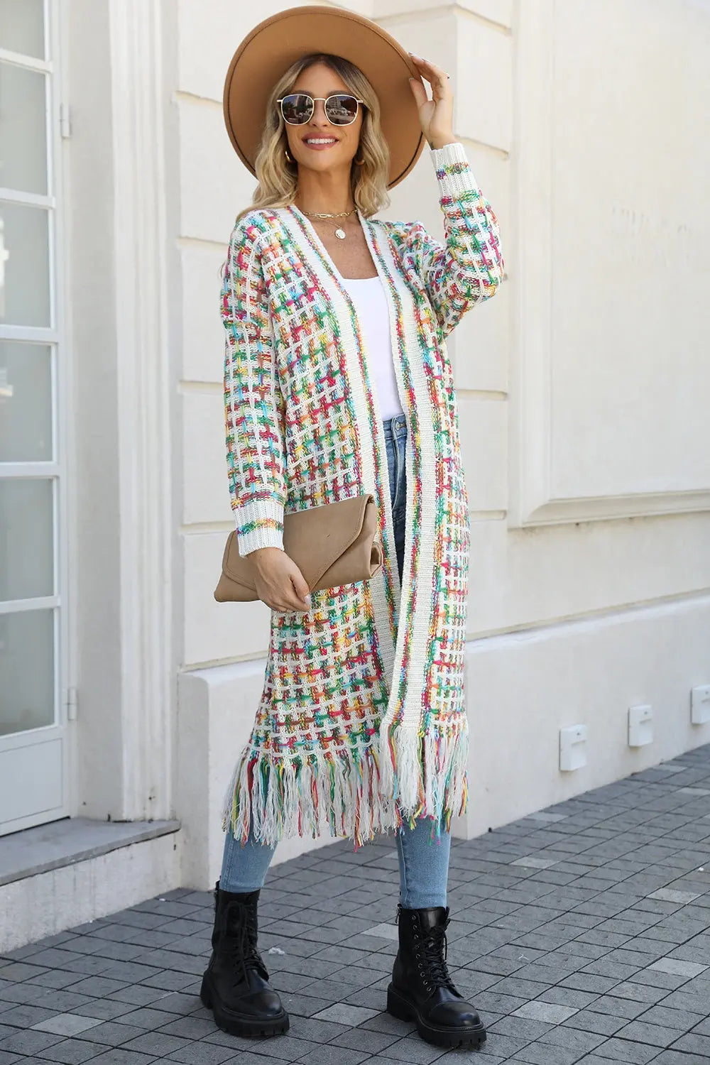 Angel Wings Full Size Multicolored Open Front Fringe Hem Cardigan  