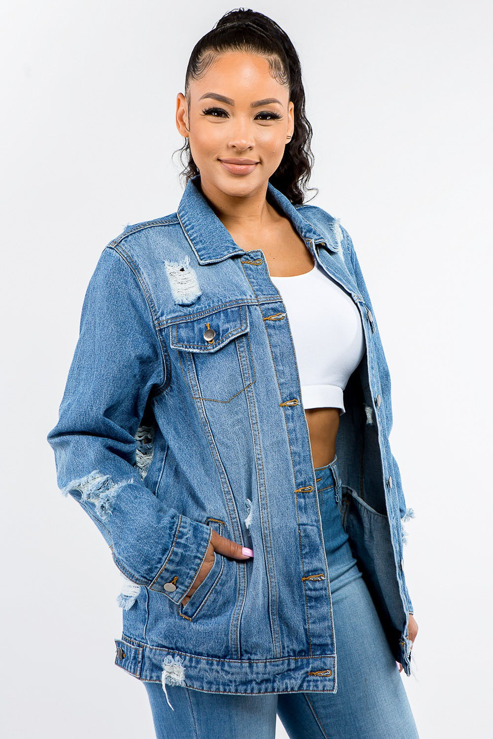 American Bazi Full Size Button Up Distressed Denim Jacket  