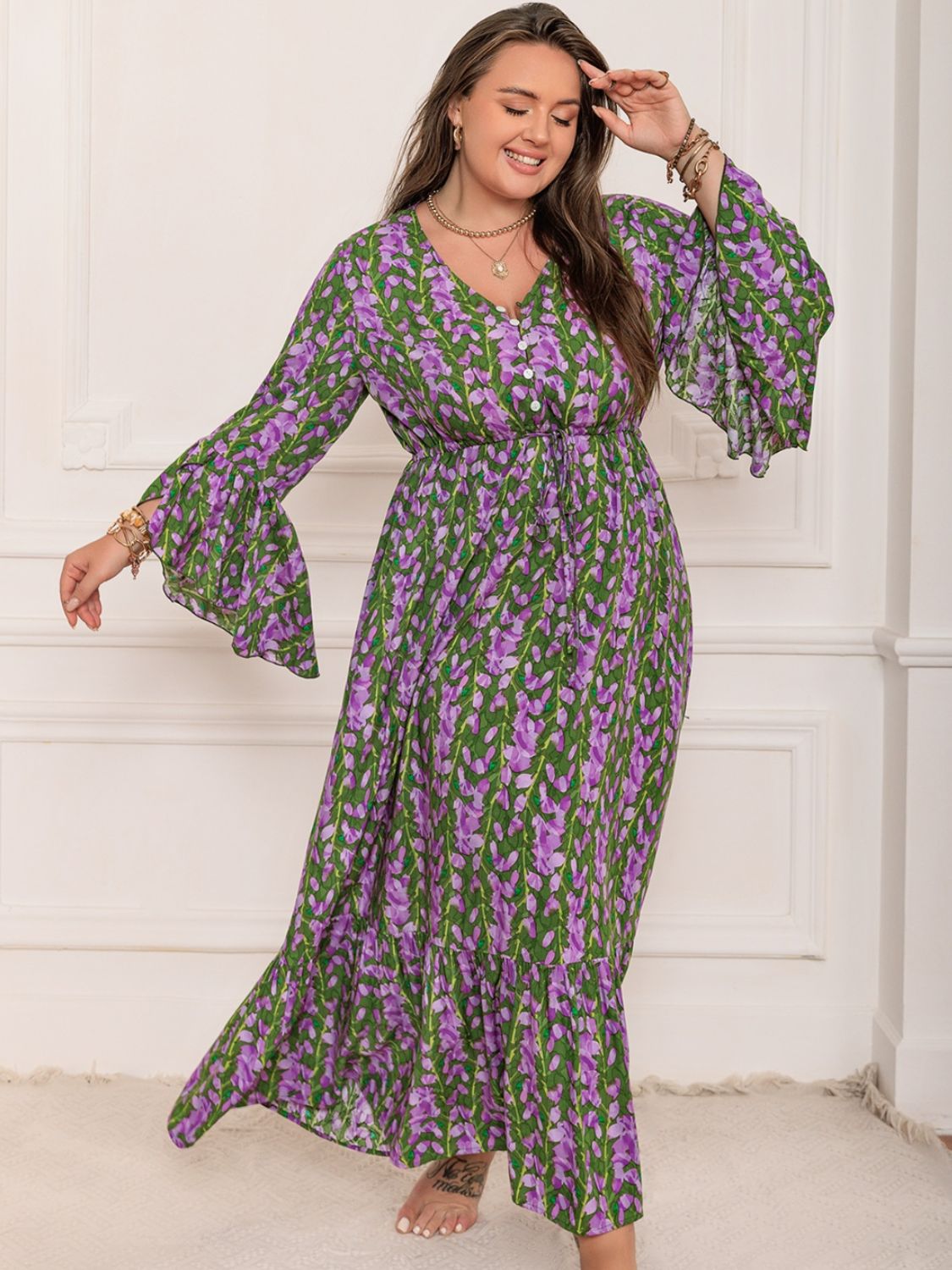 Plus Size Printed V-Neck Long Sleeve Maxi Dress  