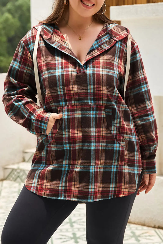 Plus Size Drawstring Plaid Quarter Button Hoodie  