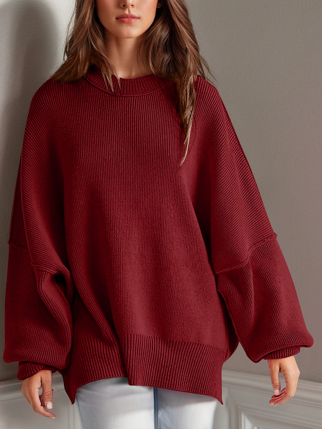 Double Take Side Slit Round Neck Long Sleeve Sweater  