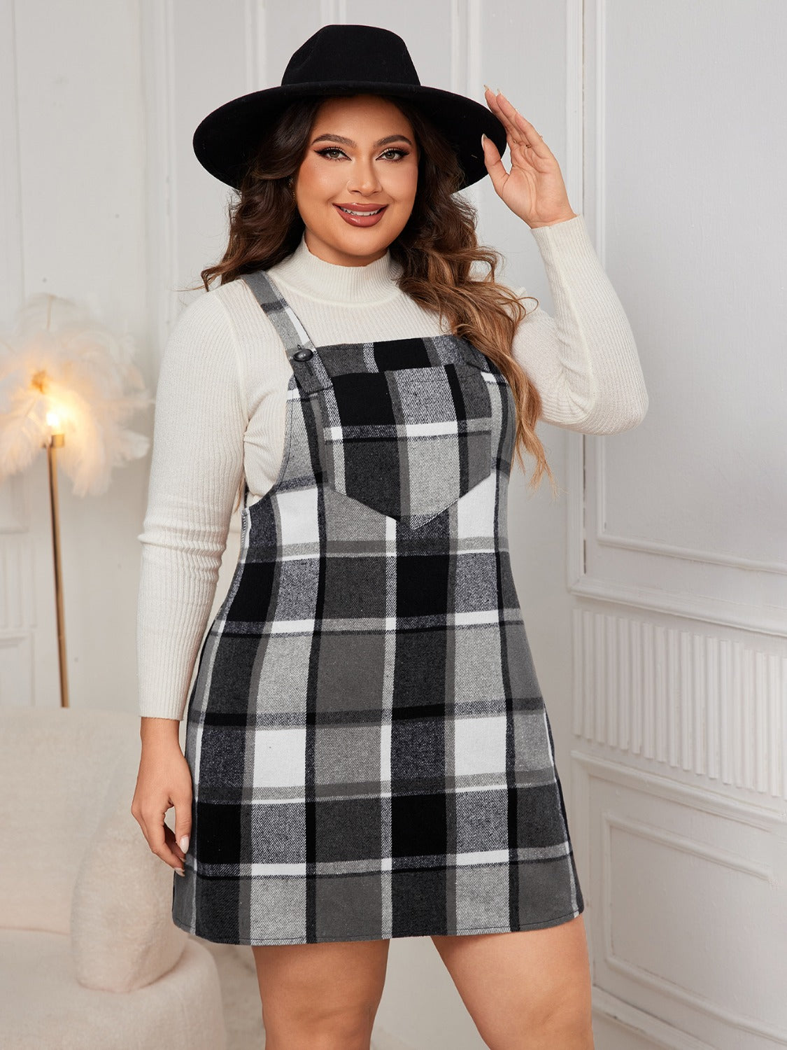 Honey Plus Size Plaid Wide Strap Overall Dress  