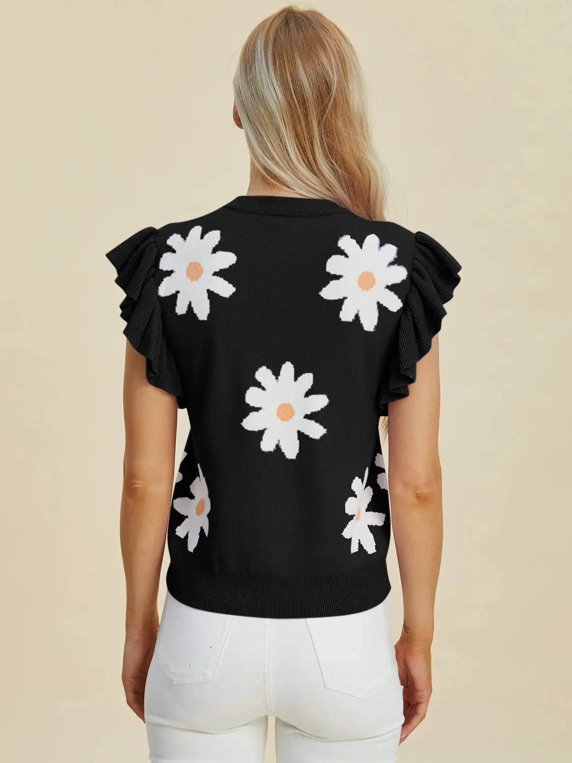 Double Take Full Size Ruffled Flower Round Neck Cap Sleeve Sweater  