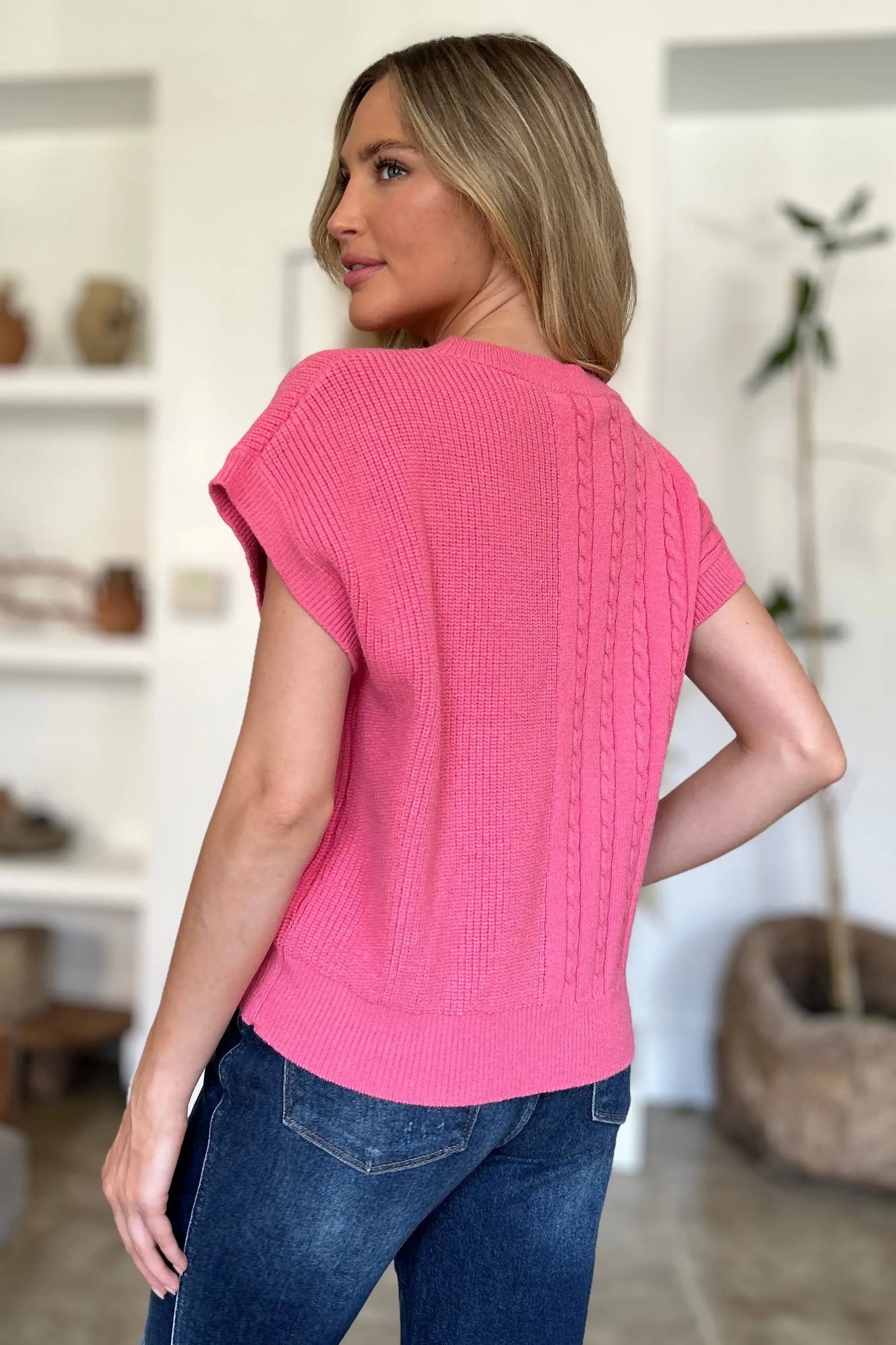 Double Take Full Size Cable-Knit Round Neck Short Sleeve Sweater  