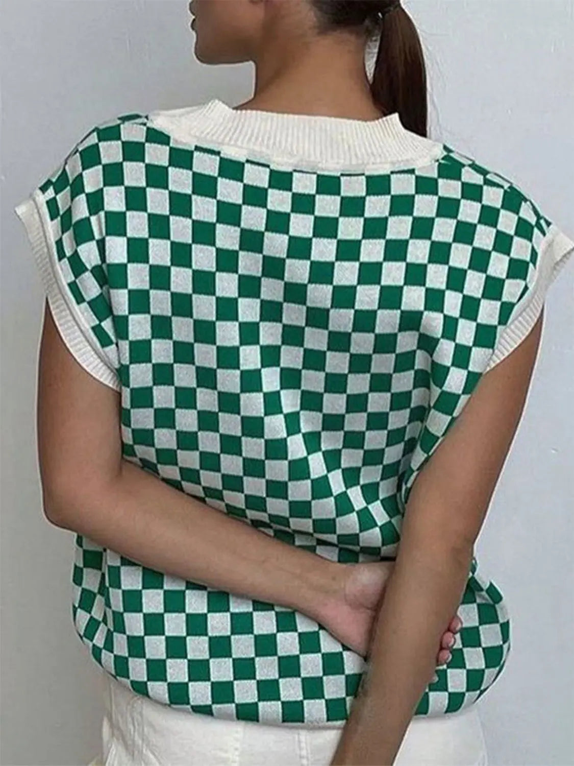 Full Size Checkered V-Neck Cap Sleeve Sweater  