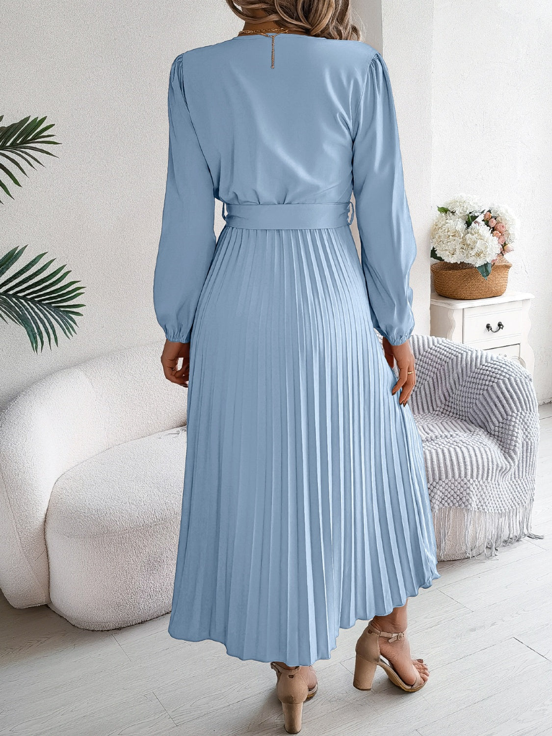 Pleated Tied V-Neck Long Sleeve Dress  