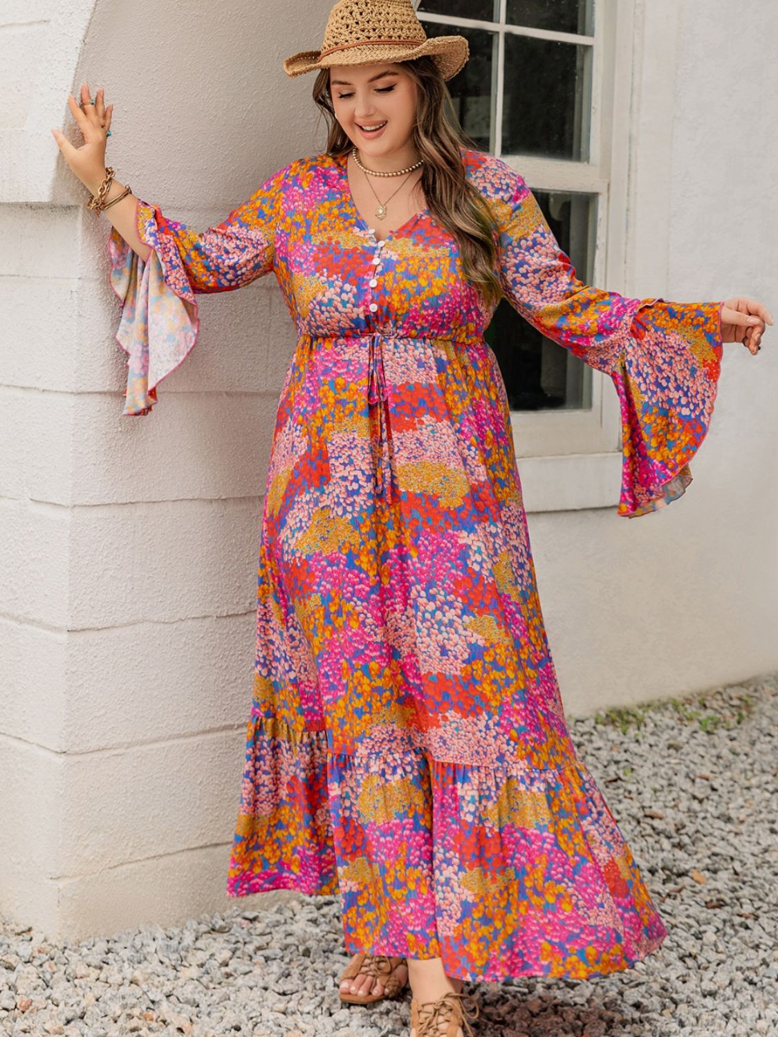 Plus Size Printed V-Neck Long Sleeve Maxi Dress  