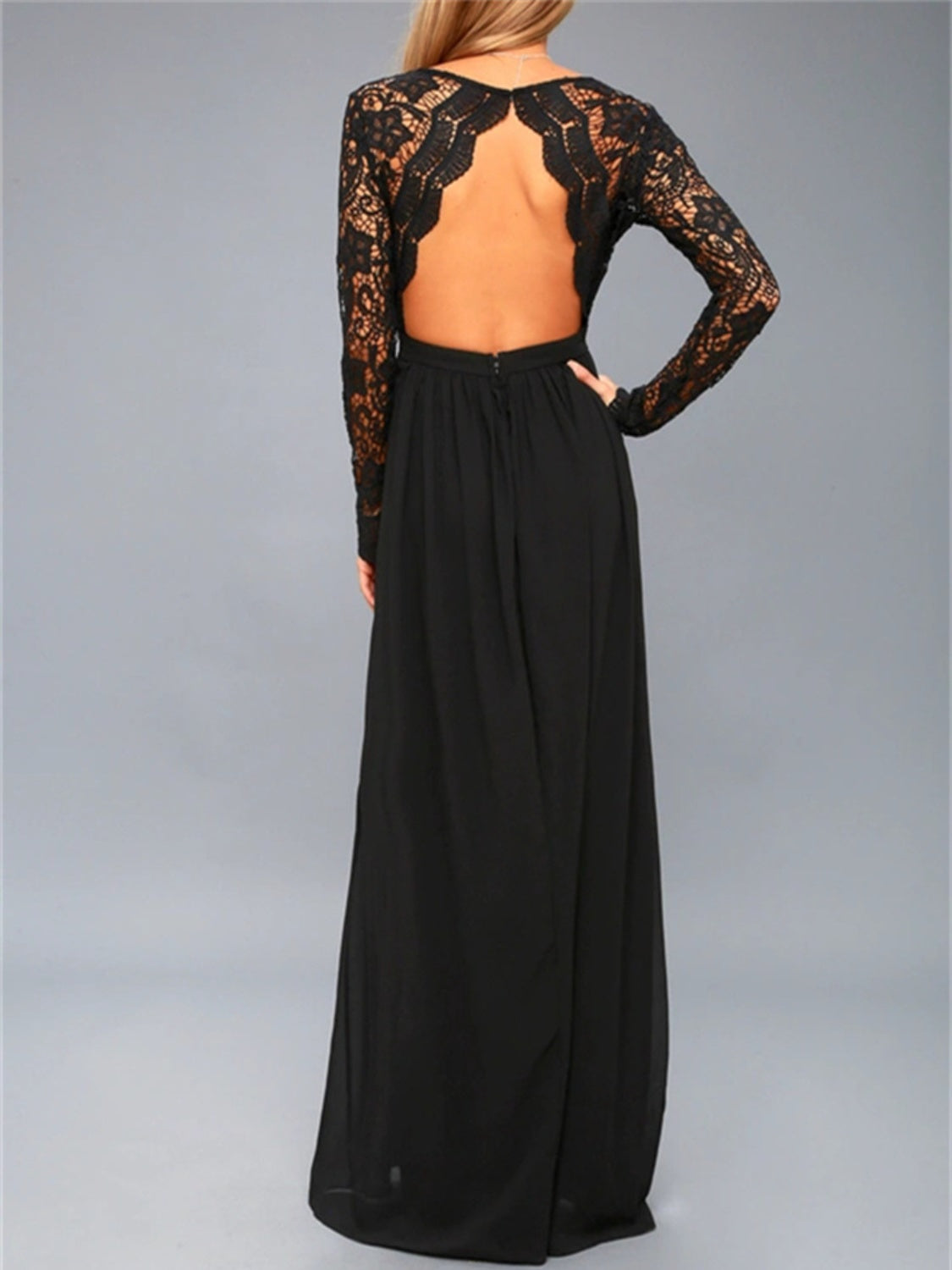 Lace Detail Backless Long Sleeve Maxi Dress  