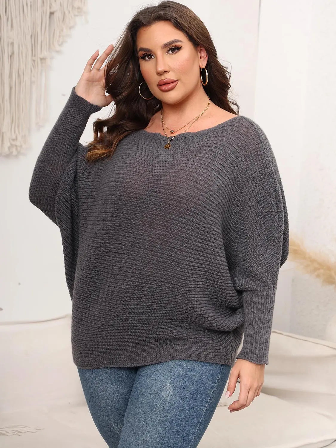 Full Size Boat Neck Batwing Sleeve Sweater  