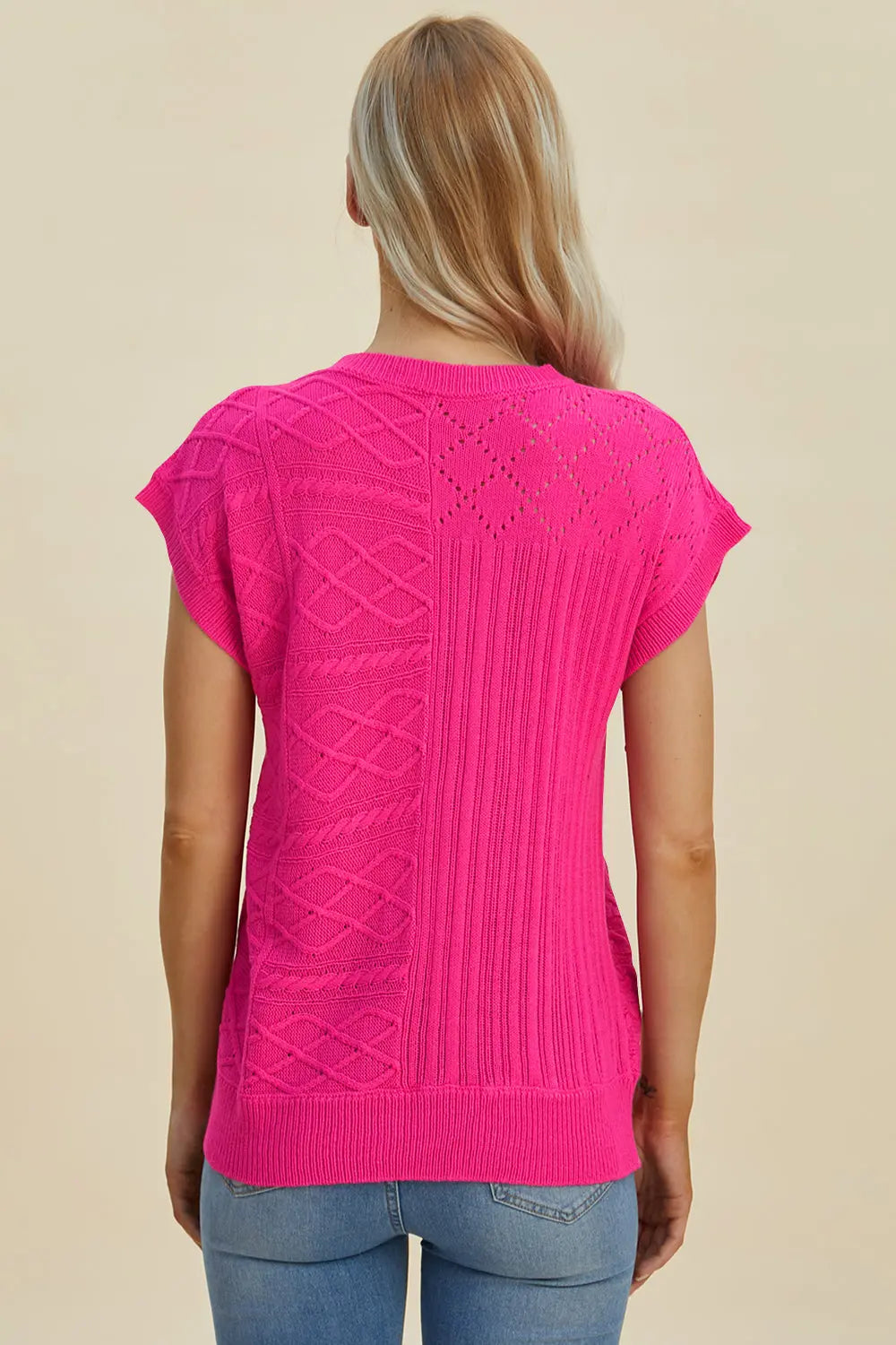 Double Take Full Size Cable-Knit Round Neck Cap Sleeve Sweater  