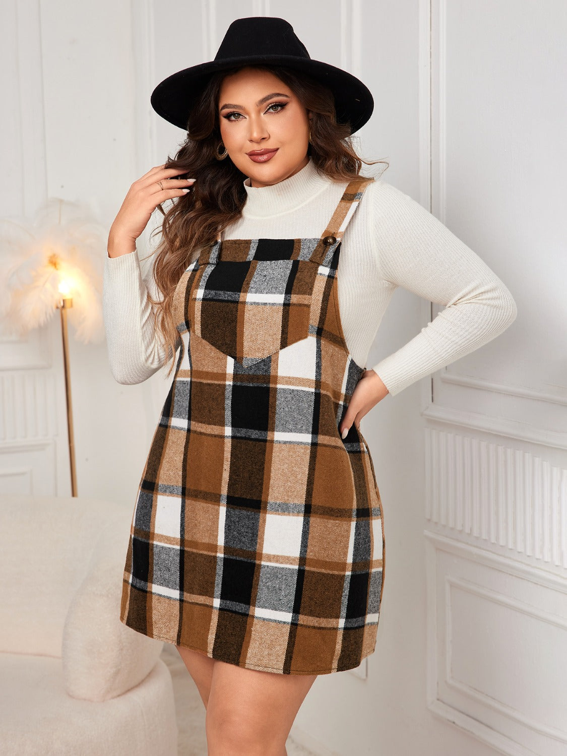 Honey Plus Size Plaid Wide Strap Overall Dress  