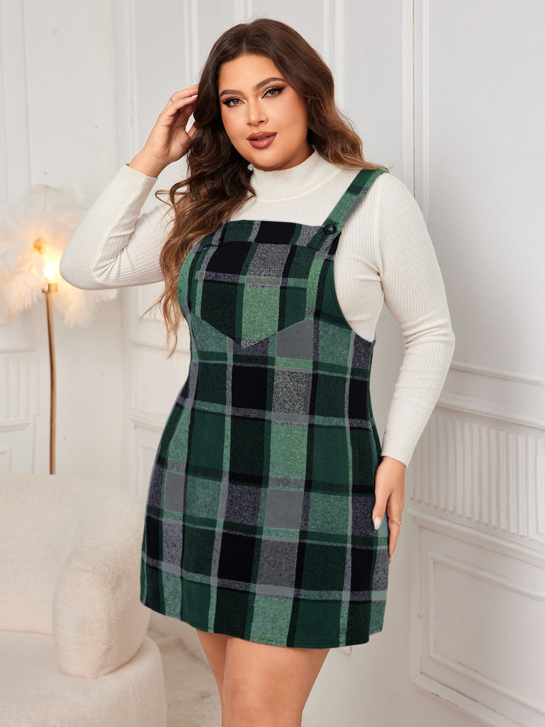 Honey Plus Size Plaid Wide Strap Overall Dress  