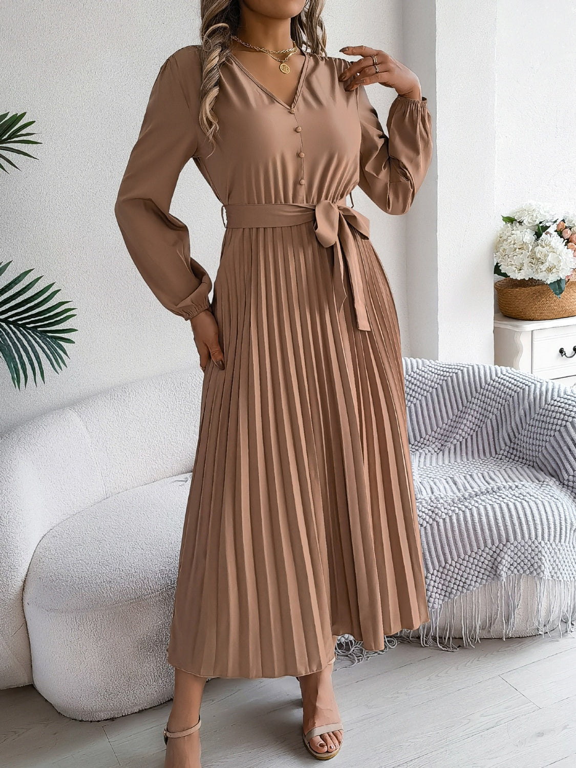 Pleated Tied V-Neck Long Sleeve Dress  