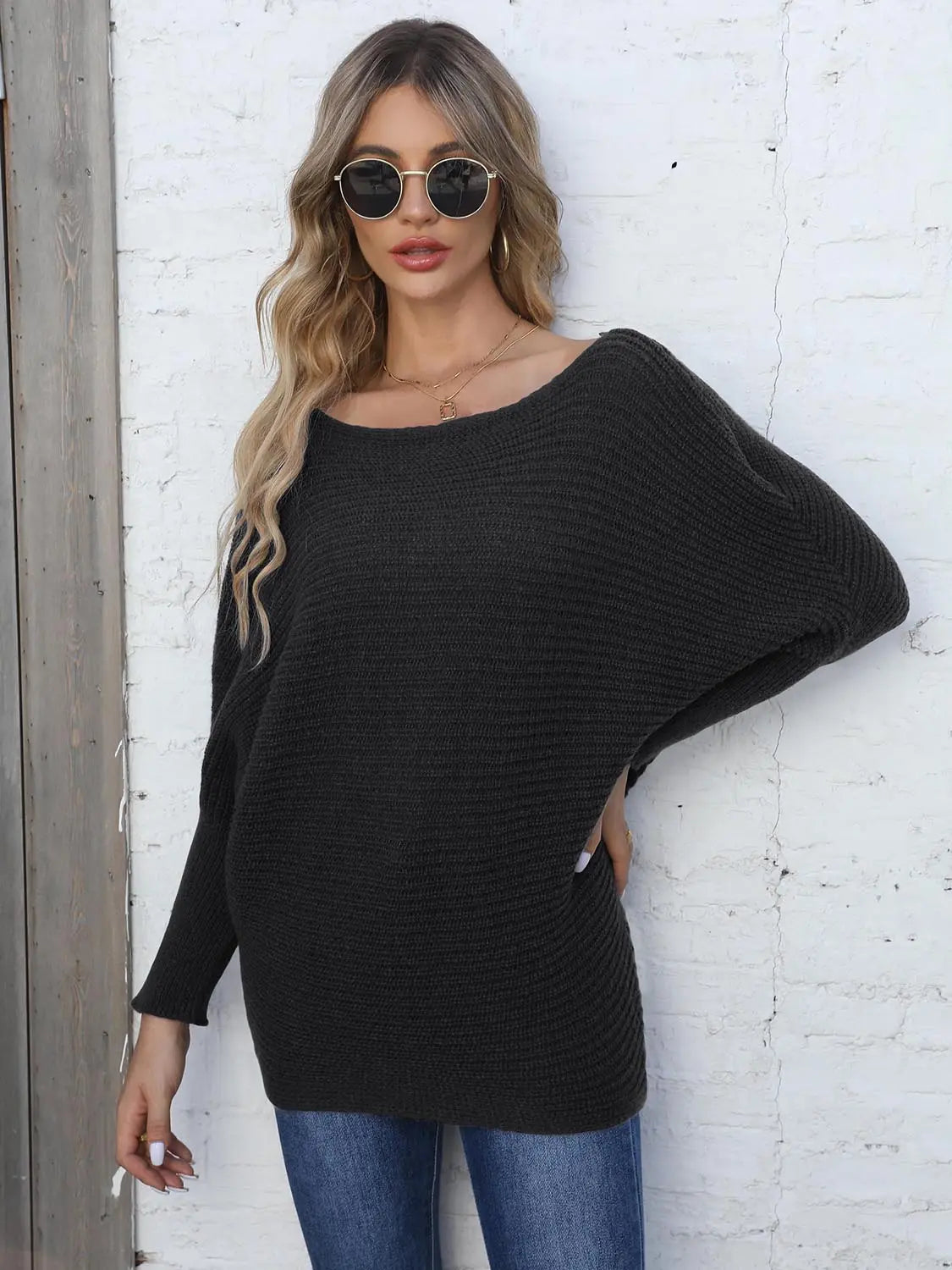 Full Size Horizontal Ribbing Dolman Sleeve Sweater  