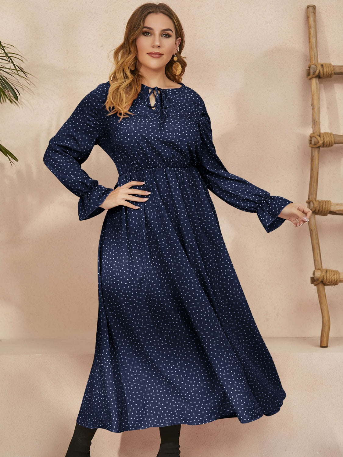 Honey Plus Size Ruffled Polka Dot Long Sleeve Midi Dress  