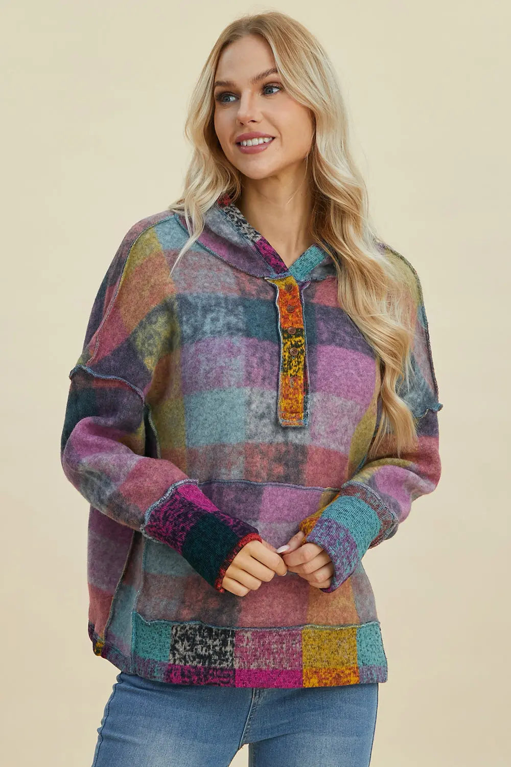 Double Take Full Size Plaid Dropped Shoulder Hoodie  