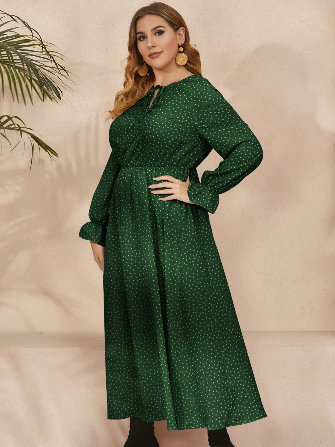 Honey Plus Size Ruffled Polka Dot Long Sleeve Midi Dress  