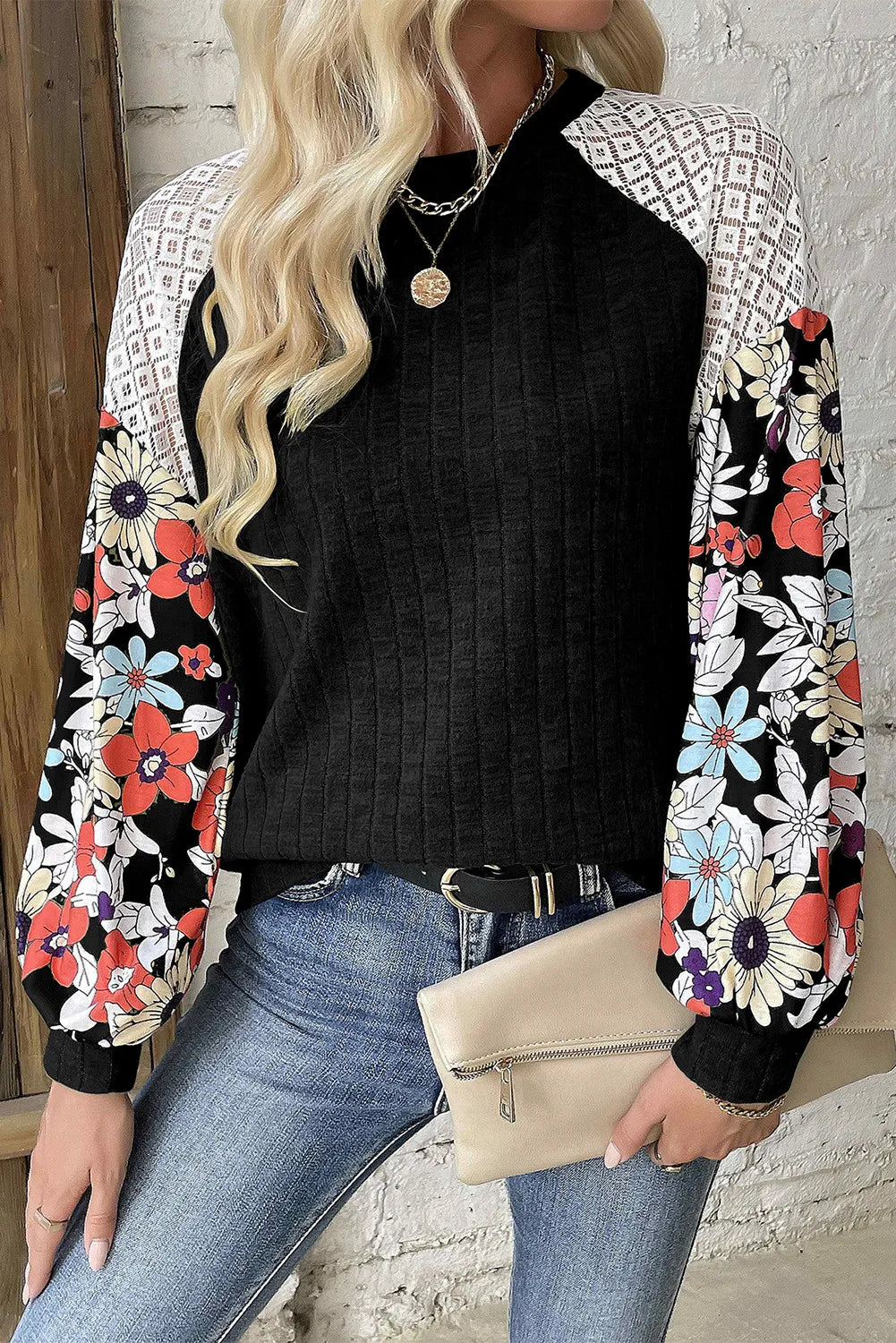 Printed Round Neck Long Sleeve Top  