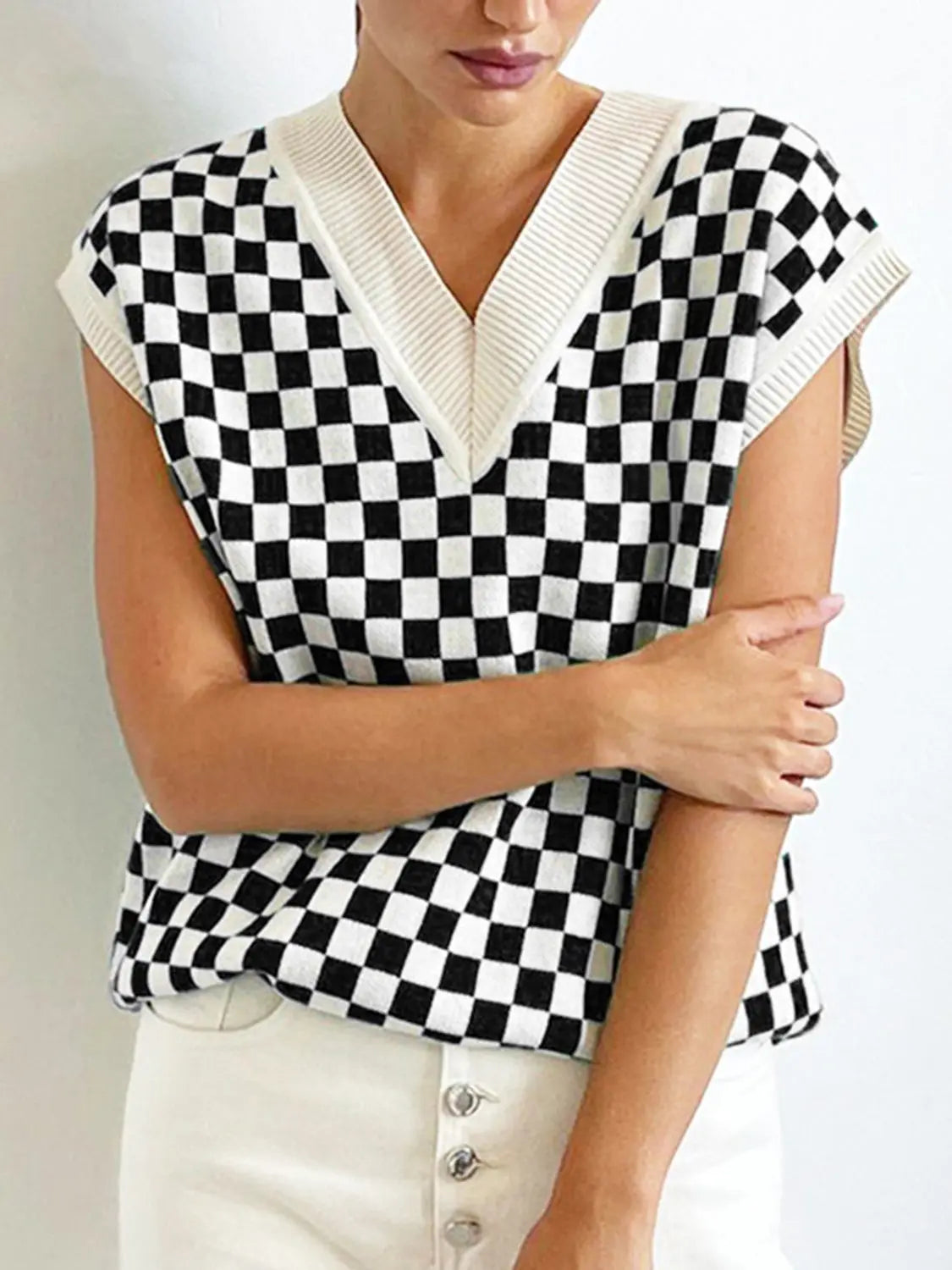 Full Size Checkered V-Neck Cap Sleeve Sweater  