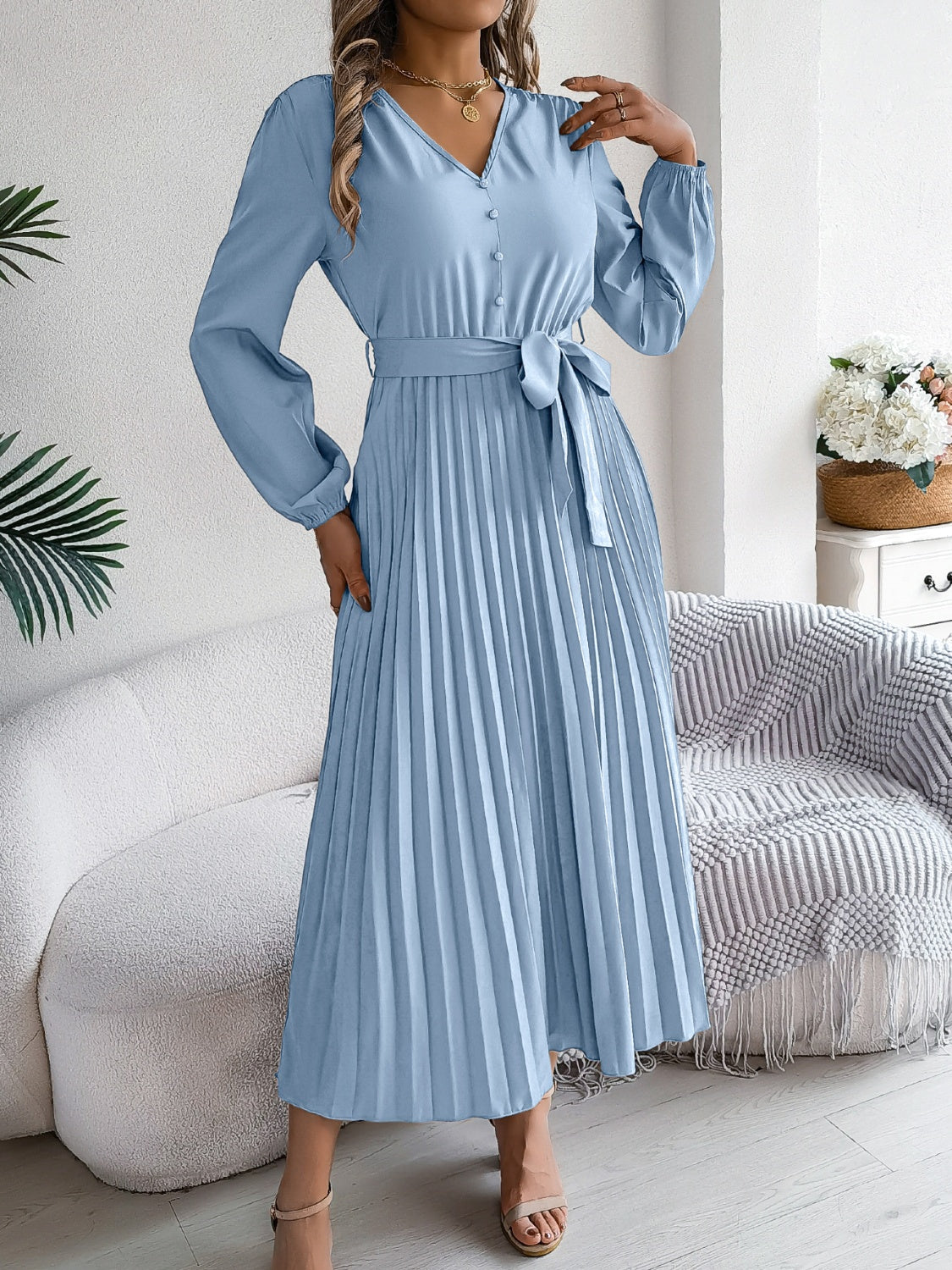 Pleated Tied V-Neck Long Sleeve Dress  