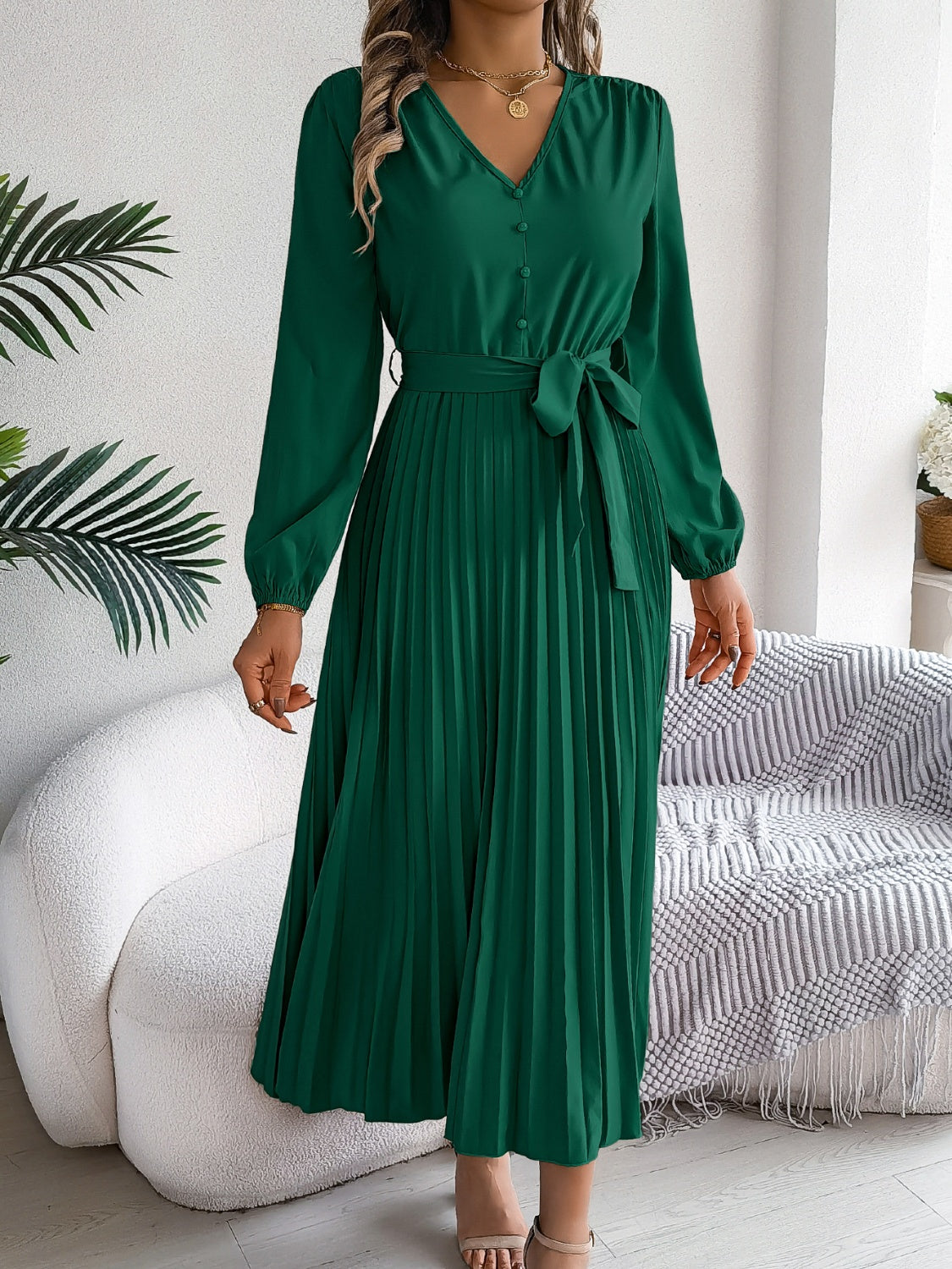 Pleated Tied V-Neck Long Sleeve Dress  