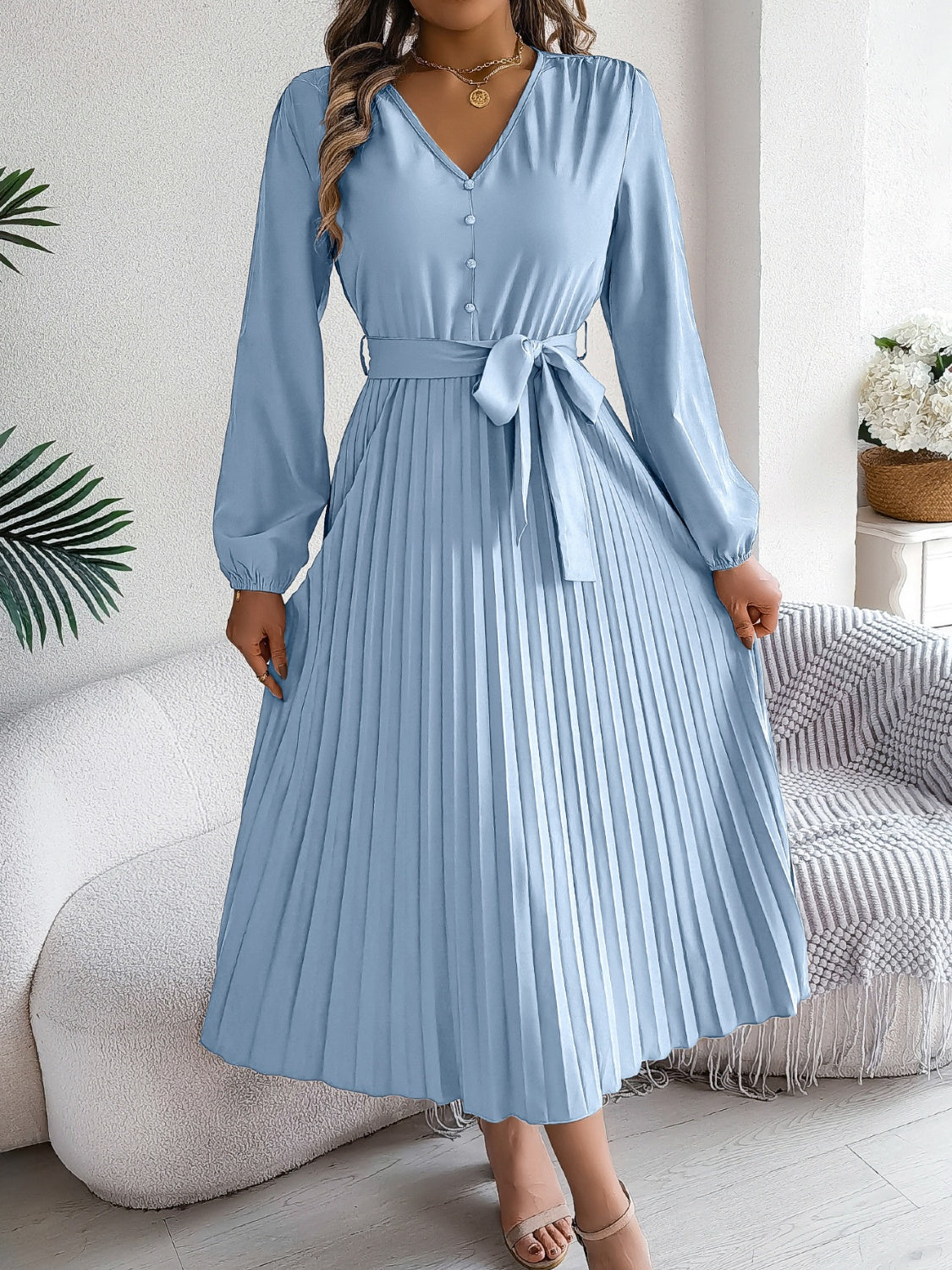 Pleated Tied V-Neck Long Sleeve Dress  